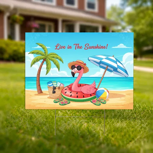 Flamingo Watermelon Ring Tropical Beach Palm Tree Umbrella 'Live in The Sunshine!' Decor Yard Sign