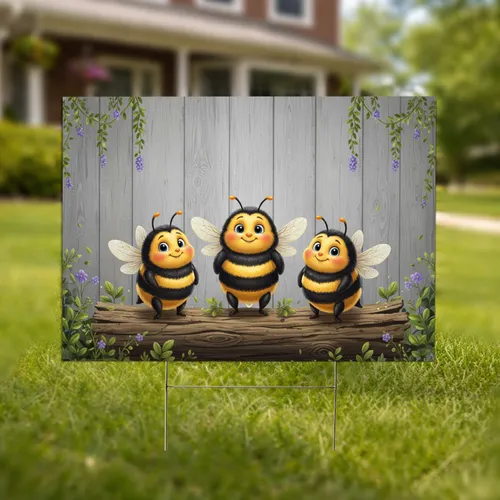 Smiling Bumblebees Rustic Garden - Outdoor Decor Gift for Bee Lovers Yard Sign
