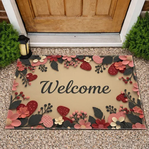 Welcome Multi-Petal Floral Textured Hearts - Everyday Welcome Home Decor Doormat