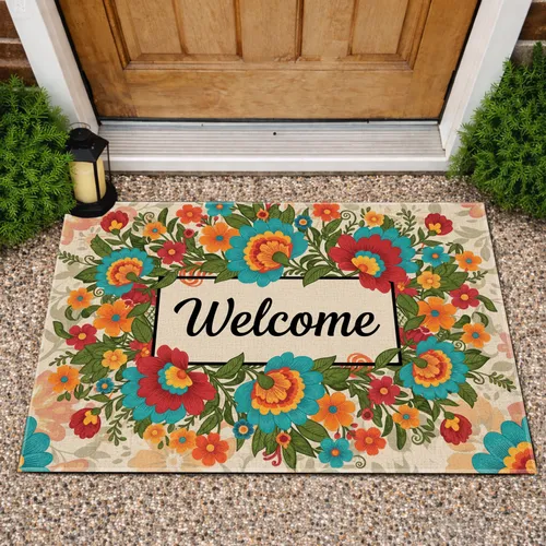 Welcome Black Panel Layered Petal Folk Flowers Lush Greenery - Home Decor Gift Doormat