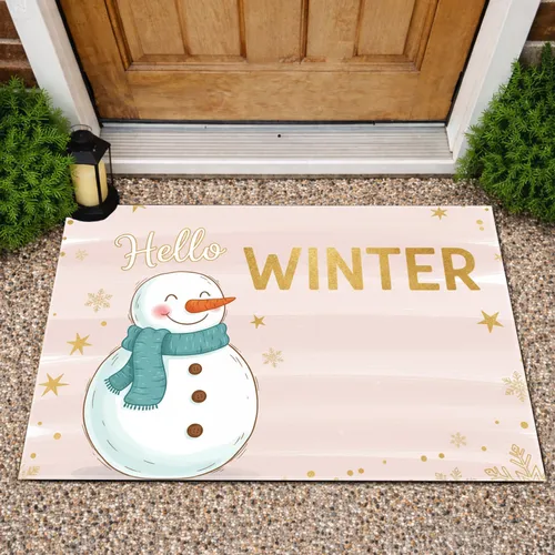 Teal Scarf Snowman Golden WINTER Snowflakes Stars - Winter Season Home Decor Gift Doormat