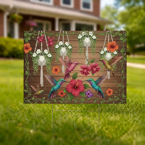 Hummingbirds Vibrant Flowers Macrame Planters - Wildlife Lover Outdoor Decor Gift Yard Sign
