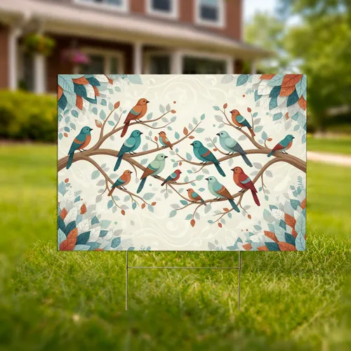 Teal Burnt Orange Birds Tree Branches - Wildlife Lover Gift Yard Sign