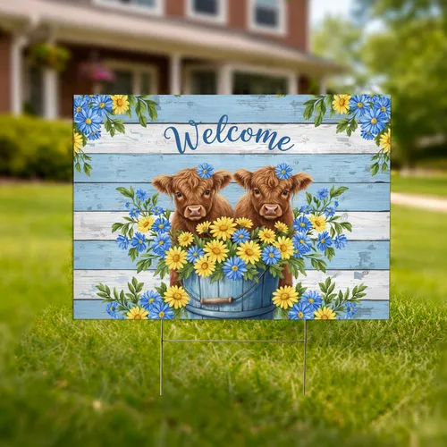 Highland Calves Welcome Floral Bucket - Farmhouse Home Decor Gift for Cow Lover Yard Sign