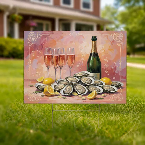 Sparkling Rosé Champagne Flutes Oysters Lemon Still Life - Entertaining Decor Gift Yard Sign