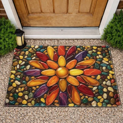 Earthy Polished River Stone Sunburst Flower Mosaic - Entryway Decor Gift Doormat