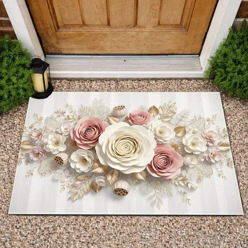 Luxurious Creamy White Blush Pink Roses Golden Leaves Dried Flowers - Home Decor Gift Doormat