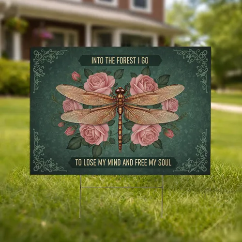 Dragonfly Vintage Roses Forest Tapestry - Nature Lover Garden Decor Gift Yard Sign