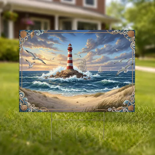 Lighthouse Ocean Waves Beach Dunes Coastal Home Decor Gift Yard Sign