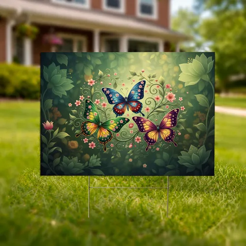 Trio of Metallic Butterflies Verdant Garden Blooms - Outdoor Home Decor Gift for Nature Lover Yard Sign