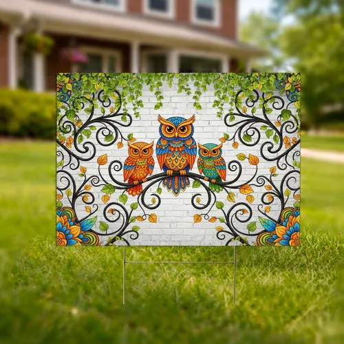 Three Owls Swirling Branches Autumn Leaves - Outdoor Decor Gift for Wildlife Lover Yard Sign