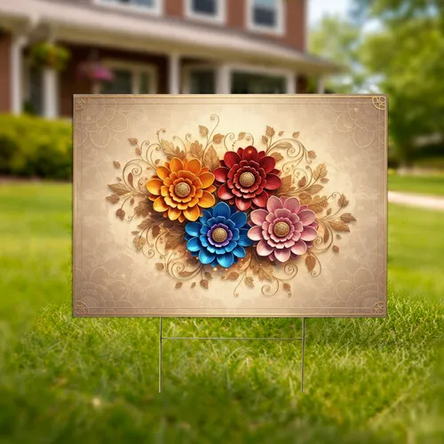 Concentric Petal Floral Motifs Swirling Vines & Leaves - Home Outdoor Decor Gift Yard Sign