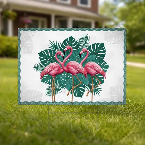 Pink Flamingos Tropical Monstera Palm Leaves - Wildlife Lover Home Decor Yard Sign