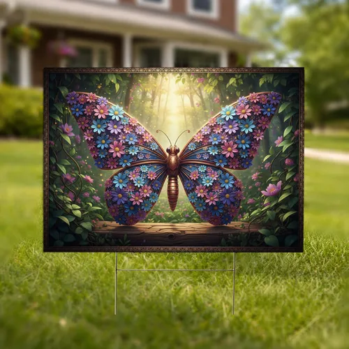 Metallic Butterfly Daisy Garden Landscape - Home Decor Gift for Garden Lover Yard Sign