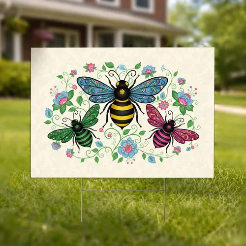 Three Black Stripe Bees Floral Wings Blooming Flowers Vines - Garden Decor Gift Yard Sign