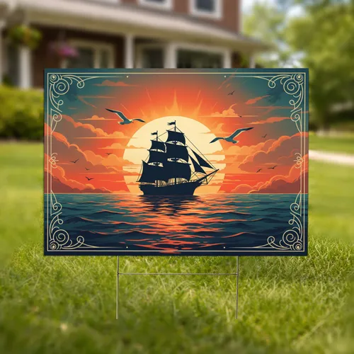 Setting Sun Ocean Horizon Sailing Ship Seagulls - Home Decor Gift for Ocean Lovers Yard Sign