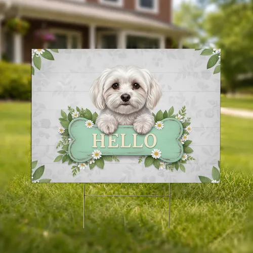 Fluffy Maltese Dog Hello Sign Daisies - Home Decor Gift for Dog Lover Yard Sign