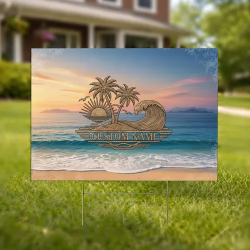 Custom Name Tropical Beach Palm Trees Sunset Ocean Wave - Home Decor Gift Yard Sign