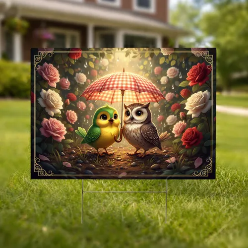 Green Bird Owl Under Umbrella Garden Roses - Garden Lover Home Decor Gift Yard Sign