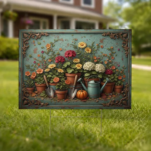 Vintage Potted Flowers Garden Tools Pumpkin - Harvest Season Garden Decor Gift Yard Sign