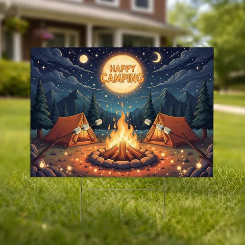 Happy Camping Moon Campfire Marshmallow Roast Tents Night - Outdoor Adventure Gift for Campers Yard Sign