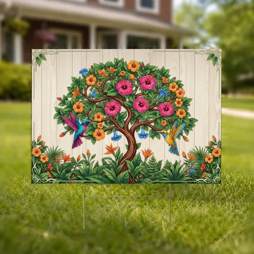 Hummingbird Tree Tropical Flowers Garden Decor - Nature Lover Gift Yard Sign