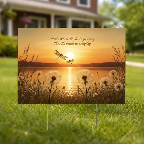 Dragonfly Dandelion Sunset Memorial Landscape - Sympathy Gift Yard Sign