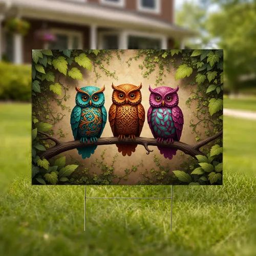 Decorative Filigree Owls Branch Botanical - Home Decor Gift for Wildlife Lover Yard Sign