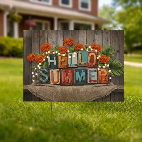 Hello Summer License Plate Sign Zinnia Palm Rustic Wood - Outdoor Welcome Decor Yard Sign