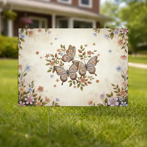Three Metallic Butterflies Pastel Flowers Lush Foliage Garden - Outdoor Decor Gift Yard Sign