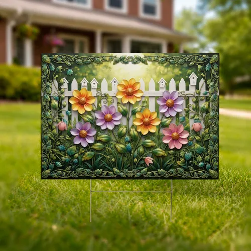 Vibrant Metallic Flowers Lush Foliage Picket Fence Birdhouses - Garden Decor Gift Yard Sign