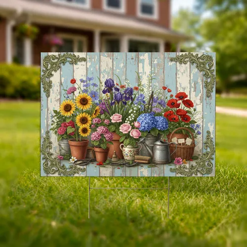 Rustic Potted Flowers Gardening Tools Distressed Wall - Garden Lover Home Decor Yard Sign