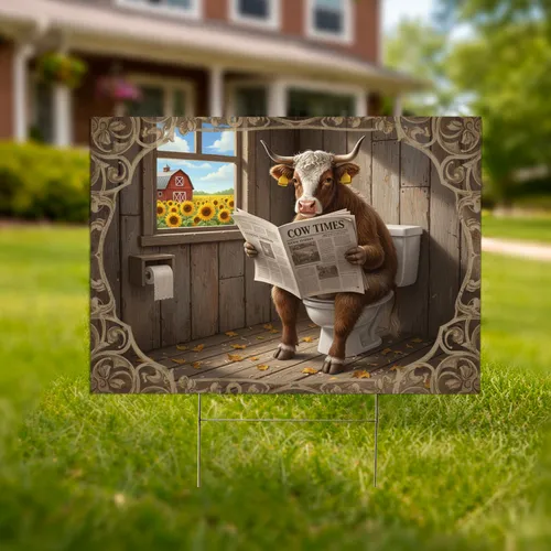 Cow on Toilet Reading Newspaper - Funny Farmhouse Decor Gift for Cow Lovers Yard Sign