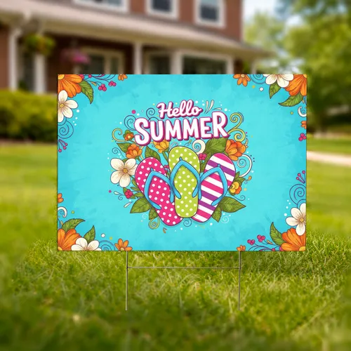 Hot Pink Lime Green Flip-Flops Hello Summer Flowers Berries - Summer Season Home Display Yard Sign