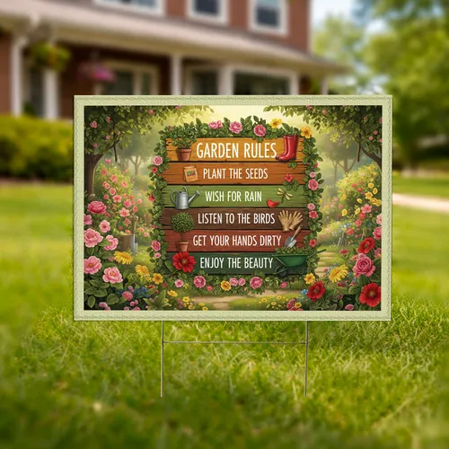 Rustic Stacked Wooden Garden Rules Sign with Plants & Tools - Garden Decor Gift for Garden Lover Yard Sign