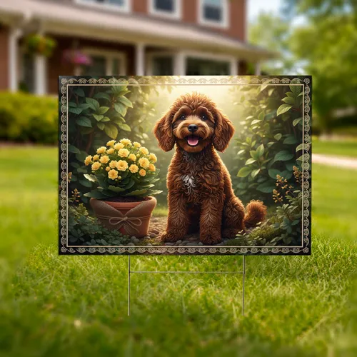 Rusty Metal Poodle Dog Garden Scene - Outdoor Decor Gift for Dog Lovers Yard Sign