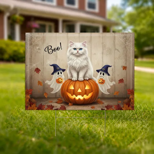 Persian Cat Jack-O'-Lantern Ghosts Autumn Leaves - Spooky Halloween Decor Cat Lover Gift Yard Sign