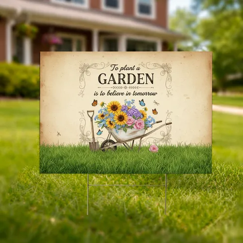 Garden Wheelbarrow Flowers Butterflies - Outdoor Garden Decor for Plant Lover Yard Sign