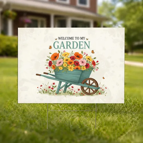 Rustic Welcome Garden Wheelbarrow Flowers Butterflies - Outdoor Garden Decor Yard Sign