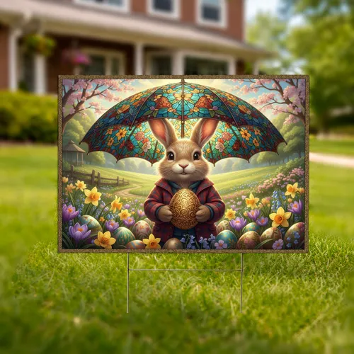 Fluffy Rabbit Stained Glass Umbrella Easter Garden - Easter Celebration Decor Yard Sign