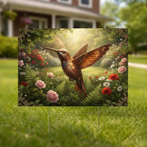 Rustic Weathered Hummingbird Sculpture Lush Wildflower Garden - Outdoor Decor Gift Yard Sign