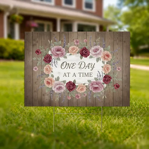 One Day At A Time Script Roses Lavender Wood - Rustic Farmhouse Outdoor Yard Decoration Yard Sign