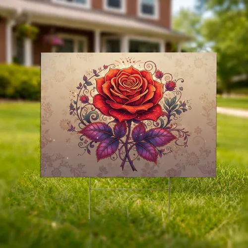 Full Canvas Polished Shimmering Crimson Iridescent Rose Botanical - Home Decor Gift Yard Sign