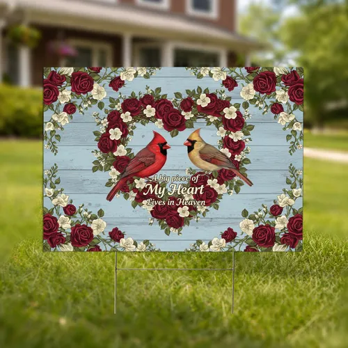 Heaven Memorial Cardinal Rose Heart Wreath - Remembrance Gift for Loved Ones Yard Sign