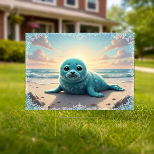 Teal Baby Seal Ocean Waves Beach - Coastal Home Decor Wildlife Lover Gift Yard Sign