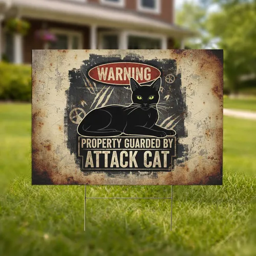 Attack Cat Warning Sign Property Guarded - Ominous Home Security Cat Lover Gift Yard Sign