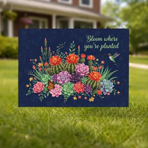 Flowering Cacti Succulents Hummingbird Butterfly 'Bloom Where You're Planted' Home Decor Gift Yard Sign