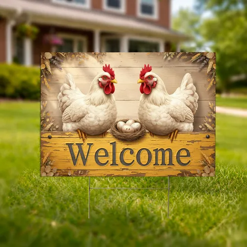 White Hens Welcome Sign Nest Eggs Farmhouse Home Decor Hen Lover Gift Yard Sign