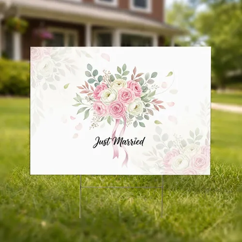 Pink Roses Peonies Ranunculus Bridal Bouquet 'Just Married' - Wedding Day Decor Yard Sign