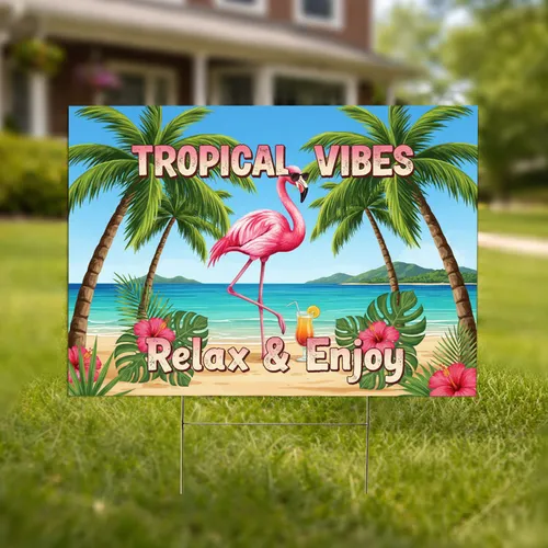Flamingo Sunglasses Tropical Vibes Beach Scene - Relaxing Summer Home Decor Gift Yard Sign